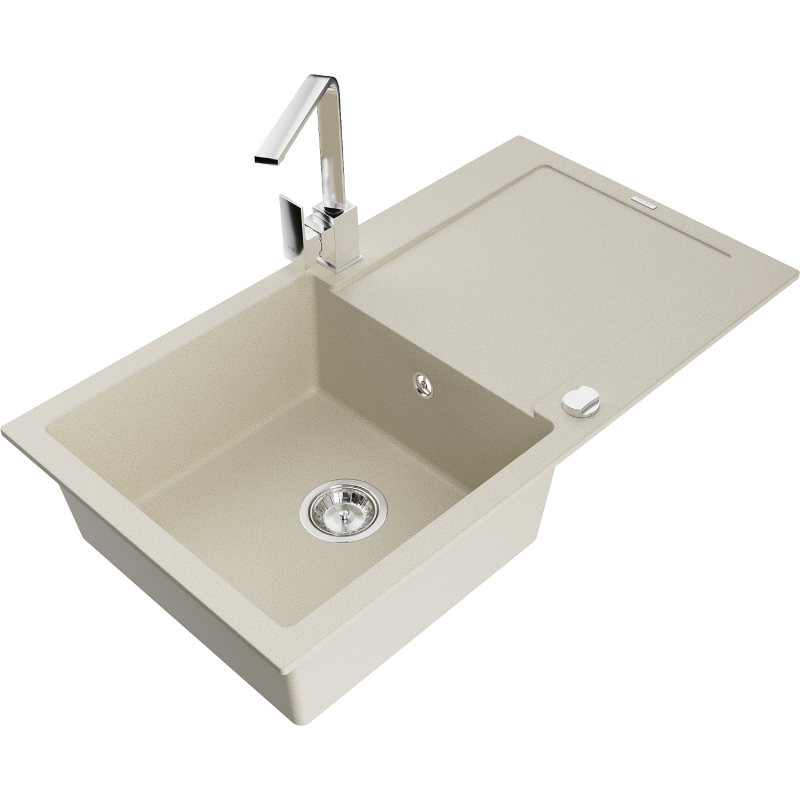 Mexen Leo fregadero de granito de 1 cubeta con escurridor y grifo de cocina Rita, beige - 6501-69-670300-00