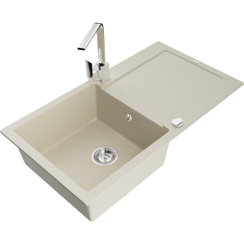 Mexen Leo fregadero de granito de 1 seno con escurridor y grifo de cocina Rita, beige - 6501-69-670300-00