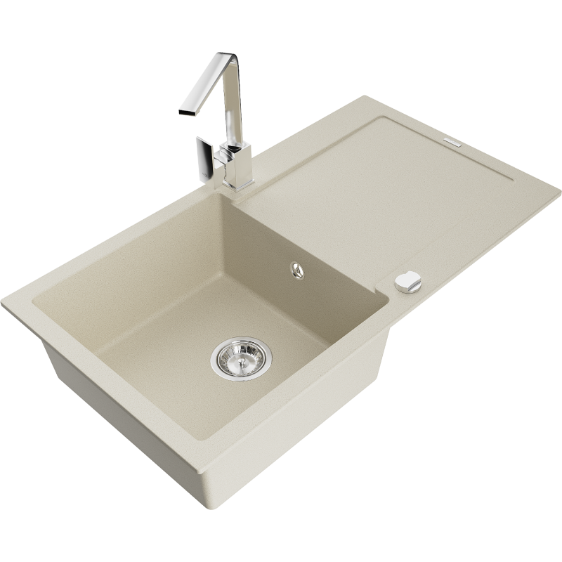 Mexen Leo graniittinen yksialtainen keittiöallas valutustasolla ja keittiöhana Rita, beige - 6501-69-670300-00