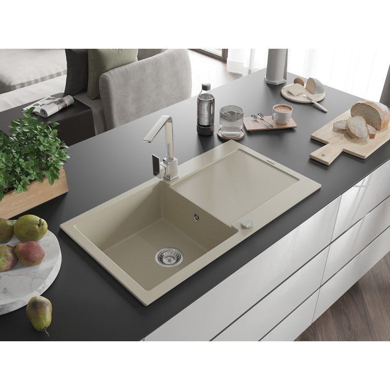Mexen Leo granitische spoelbak 1-kamer met afdruiprek en keukenmengkraan Rita, beige - 6501-69-670300-00