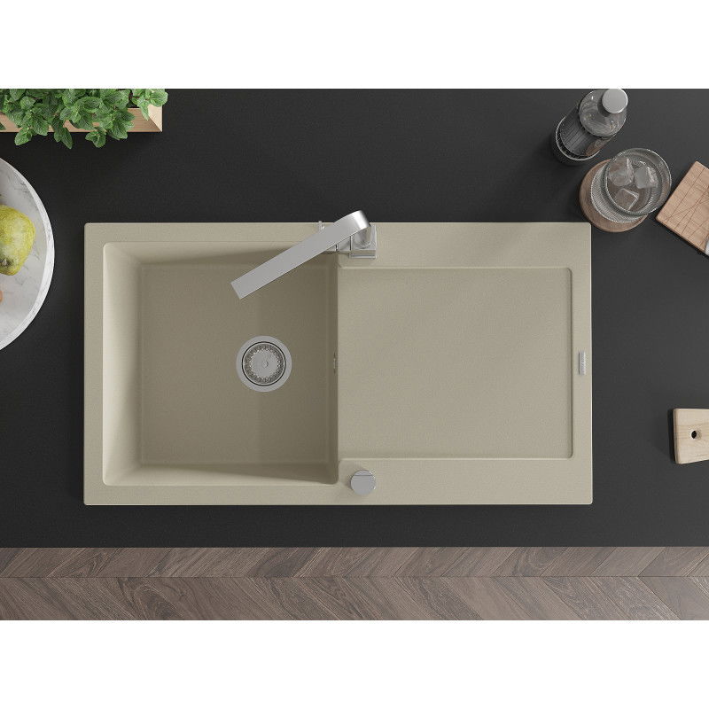 Mexen Leo granite kitchen sink 1-bowl with drainer and Rita kitchen tap, beige - 6501-69-670300-00