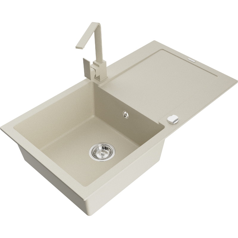 Mexen Leo fregadero de granito de 1 seno con escurridor y grifo de cocina Rita, beige - 6501-69-670300-69