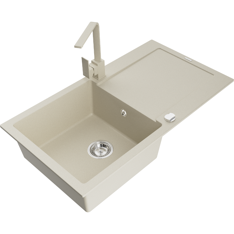 Mexen Leo granite sink 1-bowl with drainer and Rita kitchen tap, beige - 6501-69-670300-69