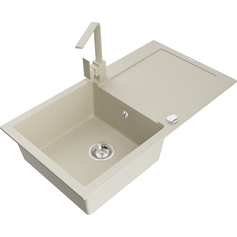 Mexen Leo lava-loiça de granito de 1 cuba com escorredor e torneira de cozinha Rita, bege - 6501-69-670300-69