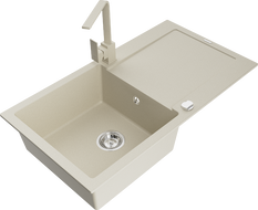 Mexen Leo lavello cucina in granito a 1 vasca con scolapiatti e rubinetto cucina Rita, beige - 6501-69-670300-69