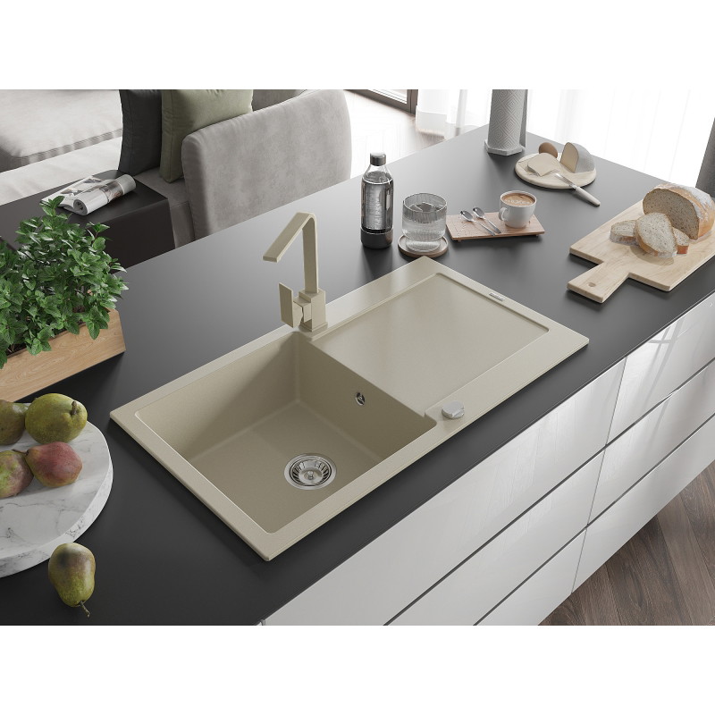 Mexen Leo fregadero de granito de 1 seno con escurridor y grifo de cocina Rita, beige - 6501-69-670300-69