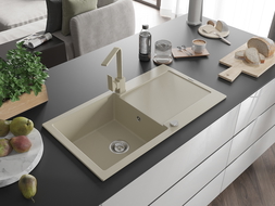 Mexen Leo lavello cucina in granito a 1 vasca con scolapiatti e rubinetto cucina Rita, beige - 6501-69-670300-69