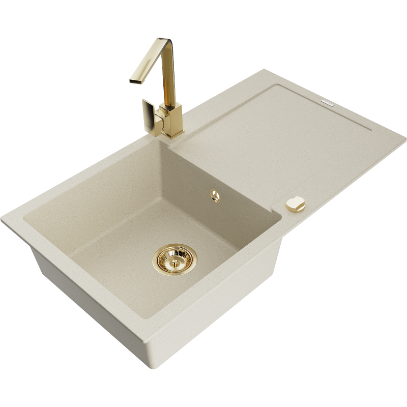 Mexen Leo fregadero de granito de 1 seno con escurridor y grifo de cocina Rita, beige - 6501-69-670300-50
