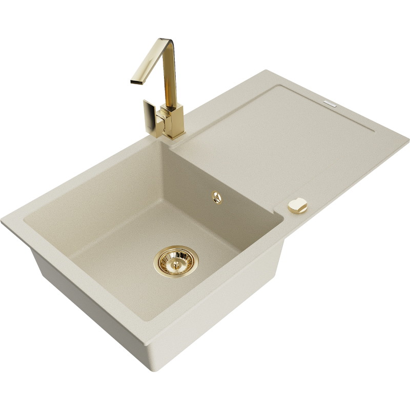 Mexen Leo granit gootsteen 1-baks met afdruiprek en keukenmengkraan Rita, beige - 6501-69-670300-50