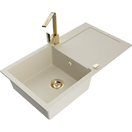 Mexen Leo 1-bowl granite sink with drainer and kitchen tap Rita, beige - 6501-69-670300-50