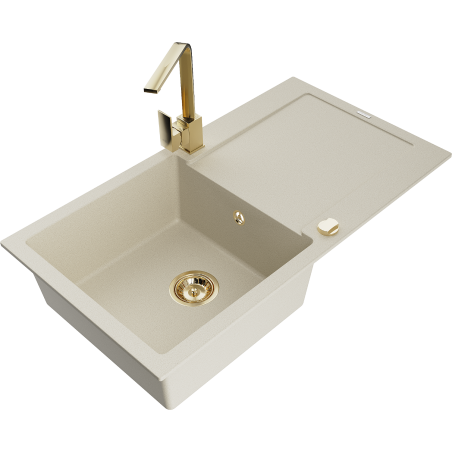 Mexen Leo lavello in granito monocomparto con scolapiatti e rubinetto da cucina Rita, beige - 6501-69-670300-50