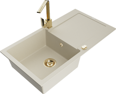 Mexen Leo Granitspüle 1-Becken mit Abtropffläche und Küchenarmatur Rita, beige - 6501-69-670300-50