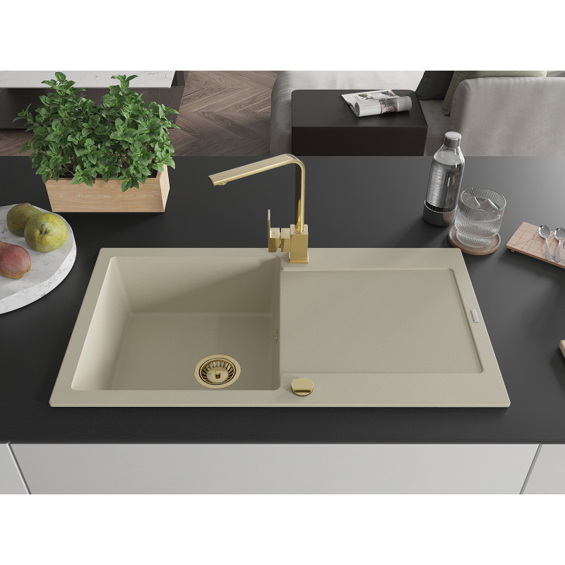 Mexen Leo lavello in granito monocomparto con scolapiatti e rubinetto da cucina Rita, beige - 6501-69-670300-50