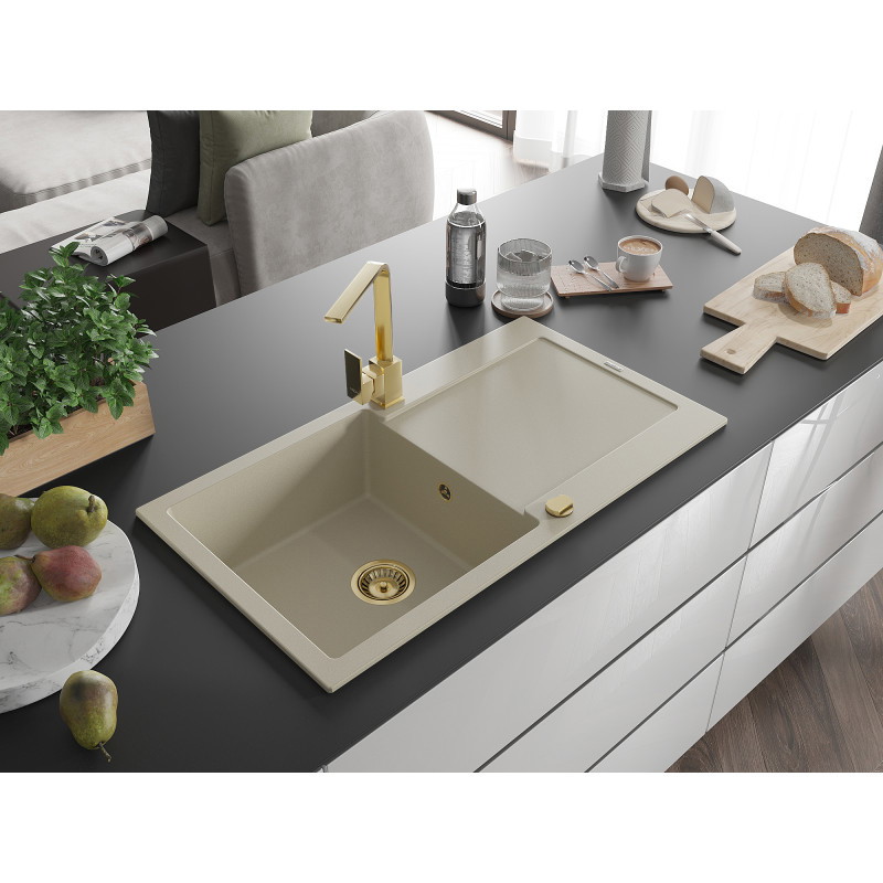 Mexen Leo fregadero de granito de 1 cubeta con escurridor y grifo de cocina Rita, beige - 6501-69-670300-50