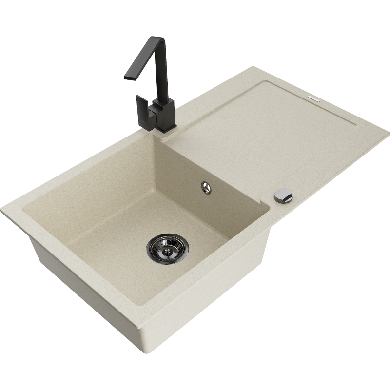 Mexen Leo granieten spoelbak 1-kompartment met afdruiprek en keukenkraan Rita, beige - 6501-69-670300-70