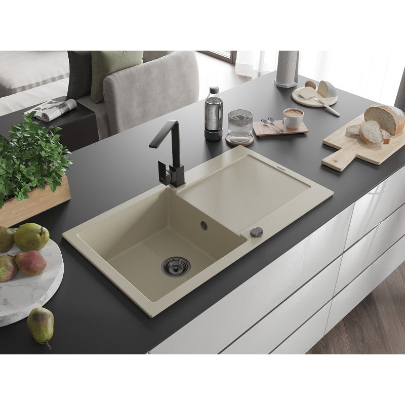 Mexen Leo lavello in granito a 1 vasca con scolapiatti e miscelatore cucina Rita, beige - 6501-69-670300-70