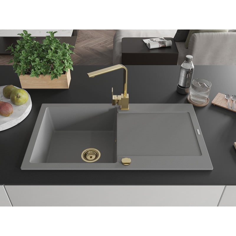 Mexen Leo 1-bowl granite sink with drainer and Rita kitchen tap, grey - 6501-71-670300-50