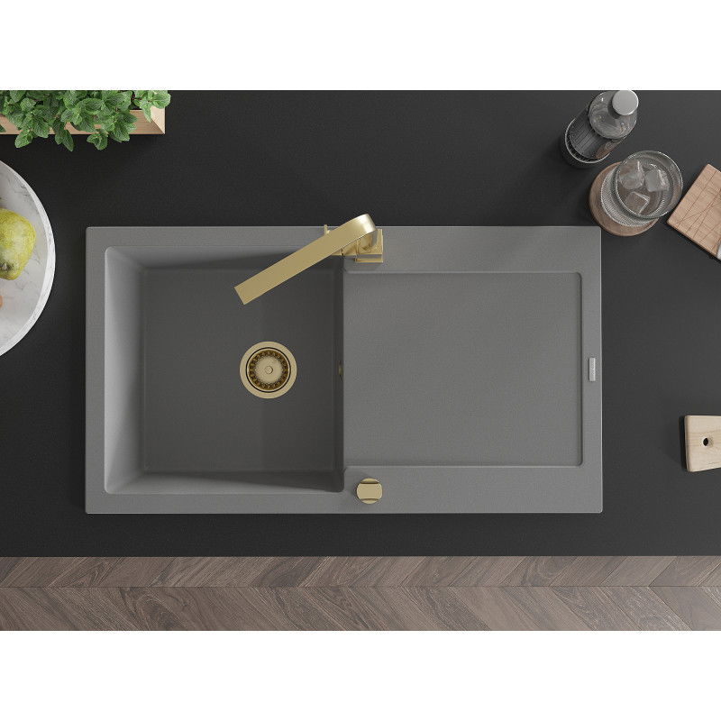 Mexen Leo 1-bowl granite sink with drainer and Rita kitchen tap, grey - 6501-71-670300-50