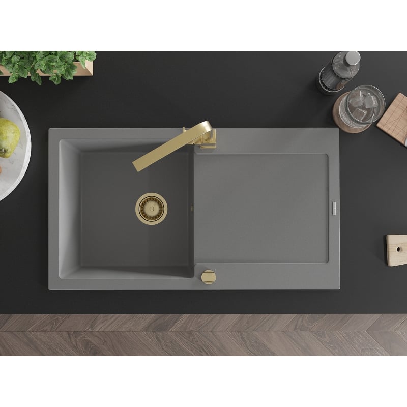 Mexen Leo granite sink with 1 bowl, drainer, and kitchen faucet Rita, gray - 6501-71-670300-50