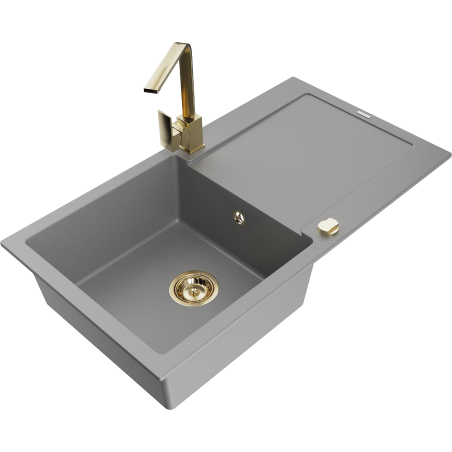Mexen Leo 1-bowl granite sink with drainer and Rita kitchen tap, grey - 6501-71-670300-50