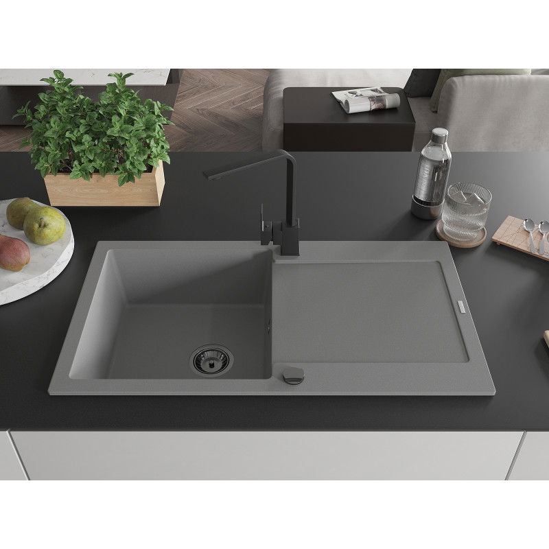 Mexen Leo lavello in granito a 1 vasca con scolapiatti e miscelatore cucina Rita, grigio - 6501-71-670300-70-B