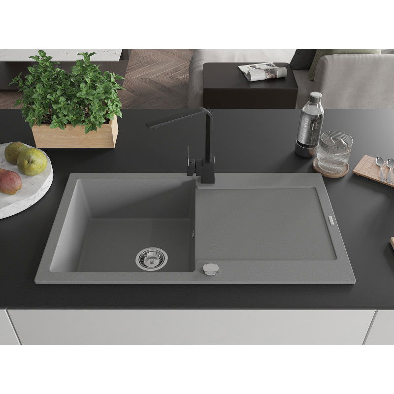 Mexen Leo 1-bowl granite sink with drainer and kitchen tap Rita, grey - 6501-71-670300-70