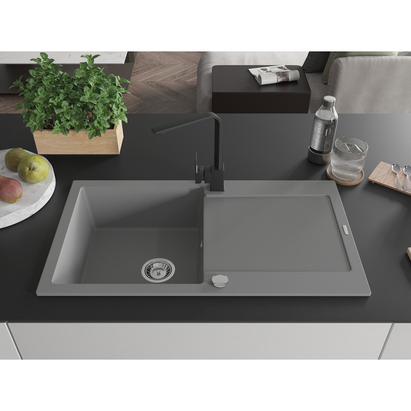 Mexen Leo fregadero de cocina de granito de 1 tazón con escurridor y grifo de cocina Rita, gris - 6501-71-670300-70