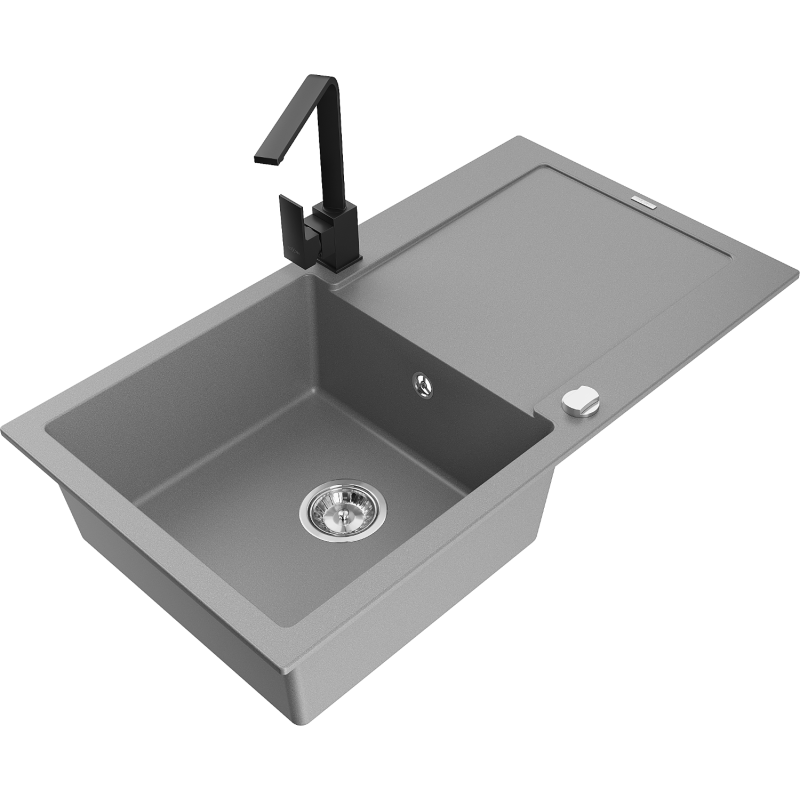 Mexen Leo 1-bowl granite sink with drainer and kitchen tap Rita, grey - 6501-71-670300-70