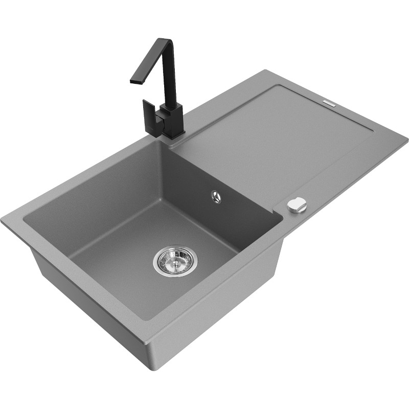 Mexen Leo granitische spoelbak 1-komp bag met afdruiprek en keukenmengkraan Rita, grijs - 6501-71-670300-70