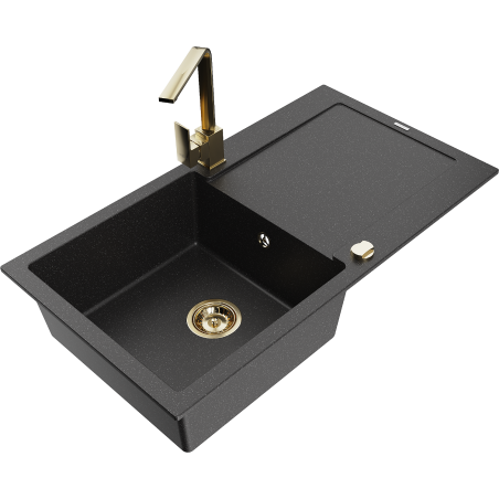 Mexen Leo granite sink 1-bowl with drainer and Rita kitchen tap, black/silver metallic - 6501-73-670300-50