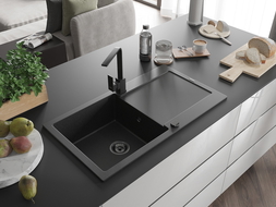 Mexen Leo Granitspüle 1-Becken mit Abtropffläche und Küchenarmatur Rita, schwarz/silber metallic - 6501-73-670300-70-B