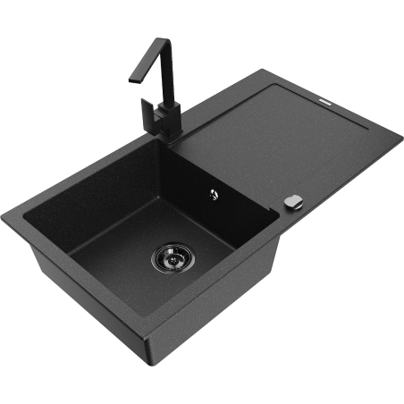 Mexen Leo 1-bowl granite sink with drainer and Rita kitchen tap, black/silver metallic - 6501-73-670300-70-B