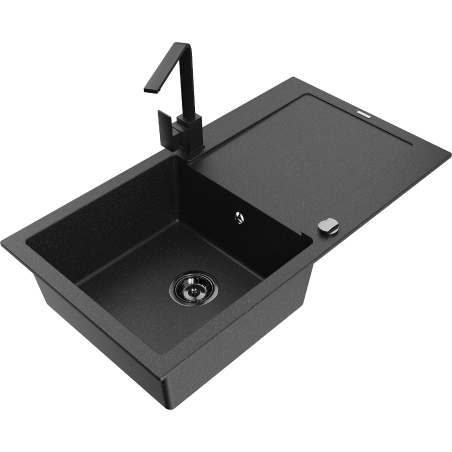 Mexen Leo Granitspüle 1-Becken mit Abtropffläche und Küchenarmatur Rita, schwarz/silber metallic - 6501-73-670300-70-B