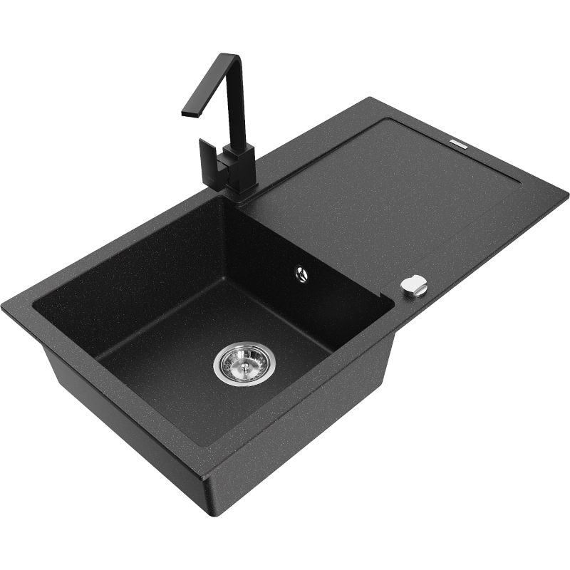 Mexen Leo 1-bowl granite sink with drainer and Rita kitchen tap, black/silver metallic - 6501-73-670300-70