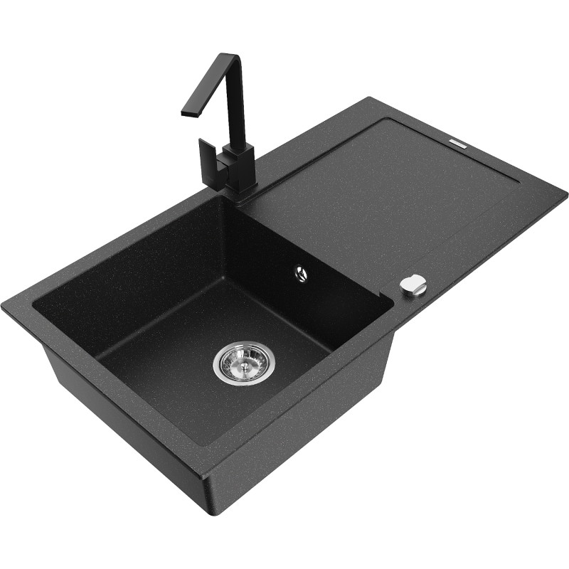 Mexen Leo fregadero de granito de 1 cubeta con escurridor y grifo de cocina Rita, negro/plata metálica - 6501-73-670300-70