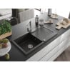Mexen Leo Granitspüle 1-beckig mit Abtropffläche und Küchenarmatur Rita, schwarz/gold Metallic - 6501-75-670300-00