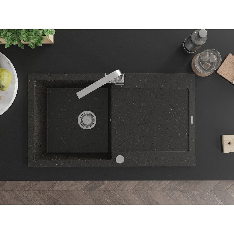 Mexen Leo granieten spoelbak 1-komor met afdruiprek en keukenkraan Rita, zwart/goud metallic - 6501-75-670300-00