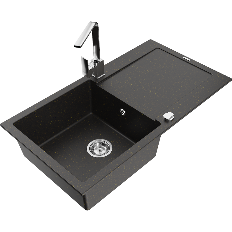 Mexen Leo fregadero de granito de 1 cubeta con escurridor y grifo de cocina Rita, negro/dorado metálico - 6501-75-670300-00