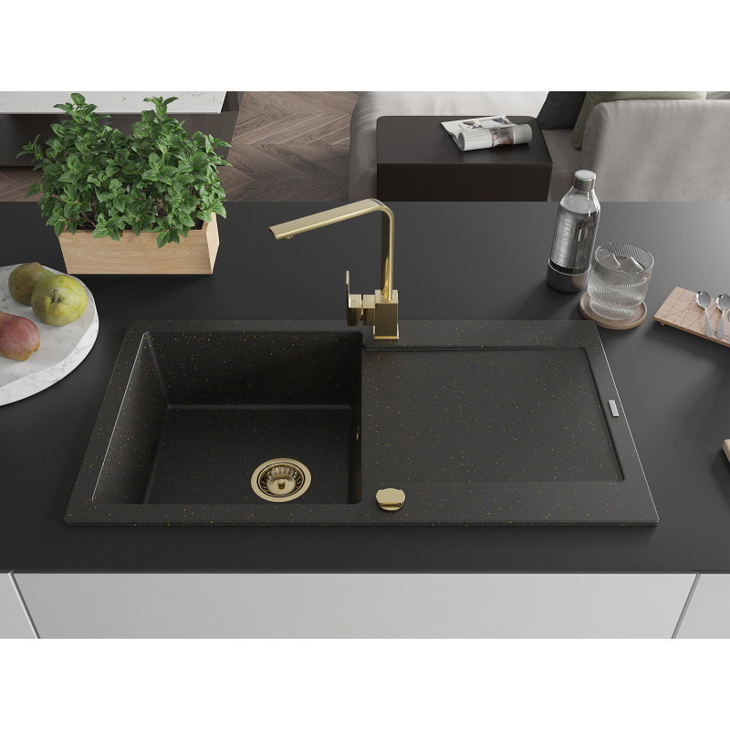 Mexen Leo granitische gootsteen met 1 bak, druiprek en keukenmengkraan Rita, zwart/goud metallic - 6501-75-670300-50