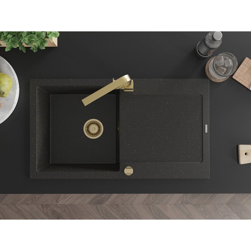 Mexen Leo lava-louça de granito de 1 cuba com escorredor e torneira de cozinha Rita, preto/dourado metálico