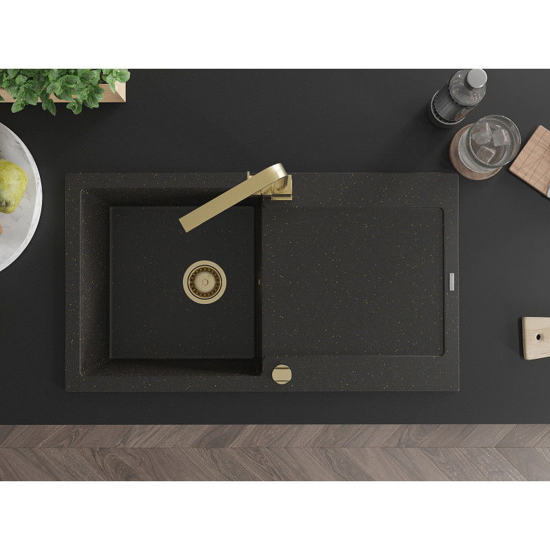 Mexen Leo lavello in granito a 1 vasca con sgocciolatoio e miscelatore da cucina Rita, nero/oro metallizzato - 6501-75-670300-50