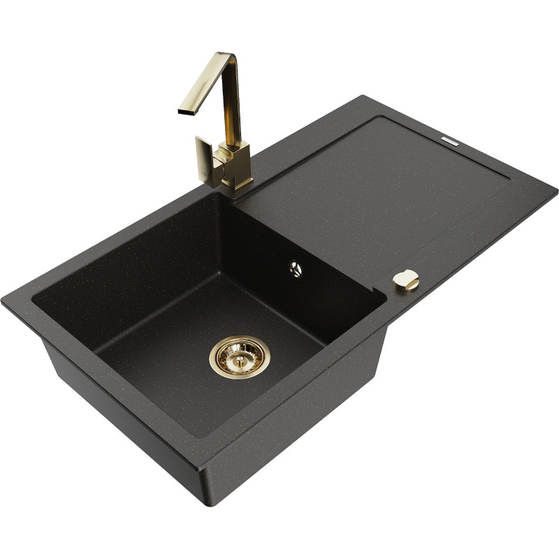 Mexen Leo fregadero de granito de 1 seno con escurridor y grifo de cocina Rita, negro/metálico dorado - 6501-75-670300-50