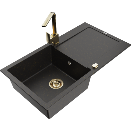 Mexen Leo granitische gootsteen met 1 bak, druiprek en keukenmengkraan Rita, zwart/goud metallic - 6501-75-670300-50