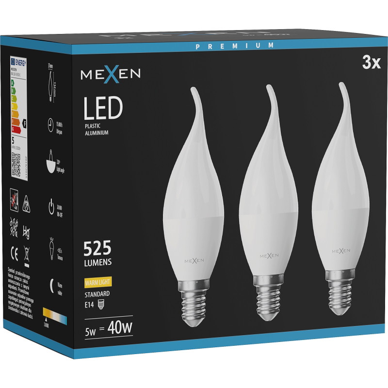Mexen Nova 3x LED žarulja plamen E14, C37, 5W, Topla - 3000K, 525 lm - L106-E14-0530-01x03