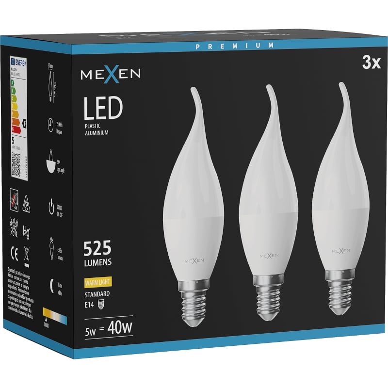 Mexen Nova 3x żarówka LED płomyk E14, C37, 5W, Ciepła - 3000K, 525 lm - L106-E14-0530-01x03