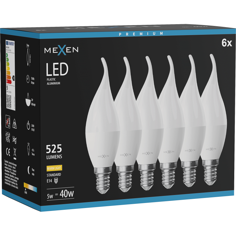 Mexen Nova 6x LED spuldze sveces forma E14, C37, 5W, Silta gaisma - 3000K, 525 lm - L106-E14-0530-01x06