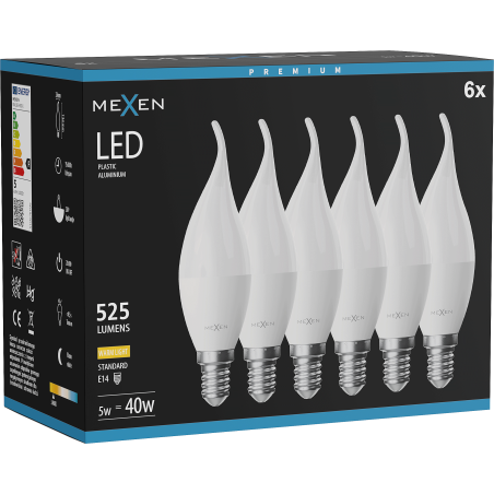 Mexen Nova 6x LED spuldze sveces forma E14, C37, 5W, Silta gaisma - 3000K, 525 lm - L106-E14-0530-01x06