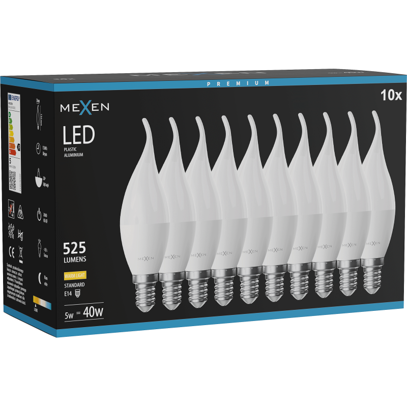 Mexen Nova 10x Ampoule LED flamme E14, C37, 5W, Chaude - 3000K, 525 lm - L106-E14-0530-01x10