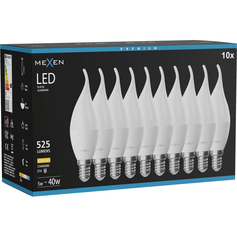 Mexen Nova 10x LED-lampa flamma E14, C37, 5W, Varm - 3000K, 525 lm - L106-E14-0530-01x10