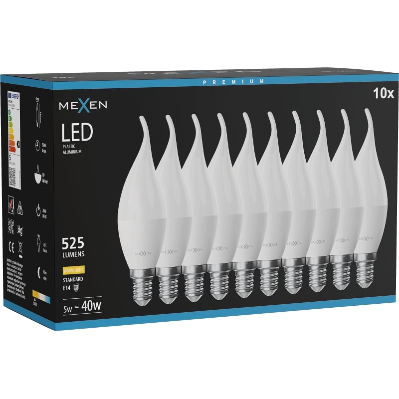 Mexen Nova 10x żarówka LED płomyk E14, C37, 5W, Ciepła - 3000K, 525 lm - L106-E14-0530-01x10